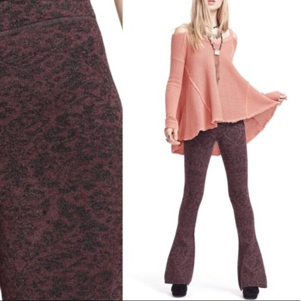 Free People Wine & Black Knit Jacquard Flair Hem Wide Leg Pants S